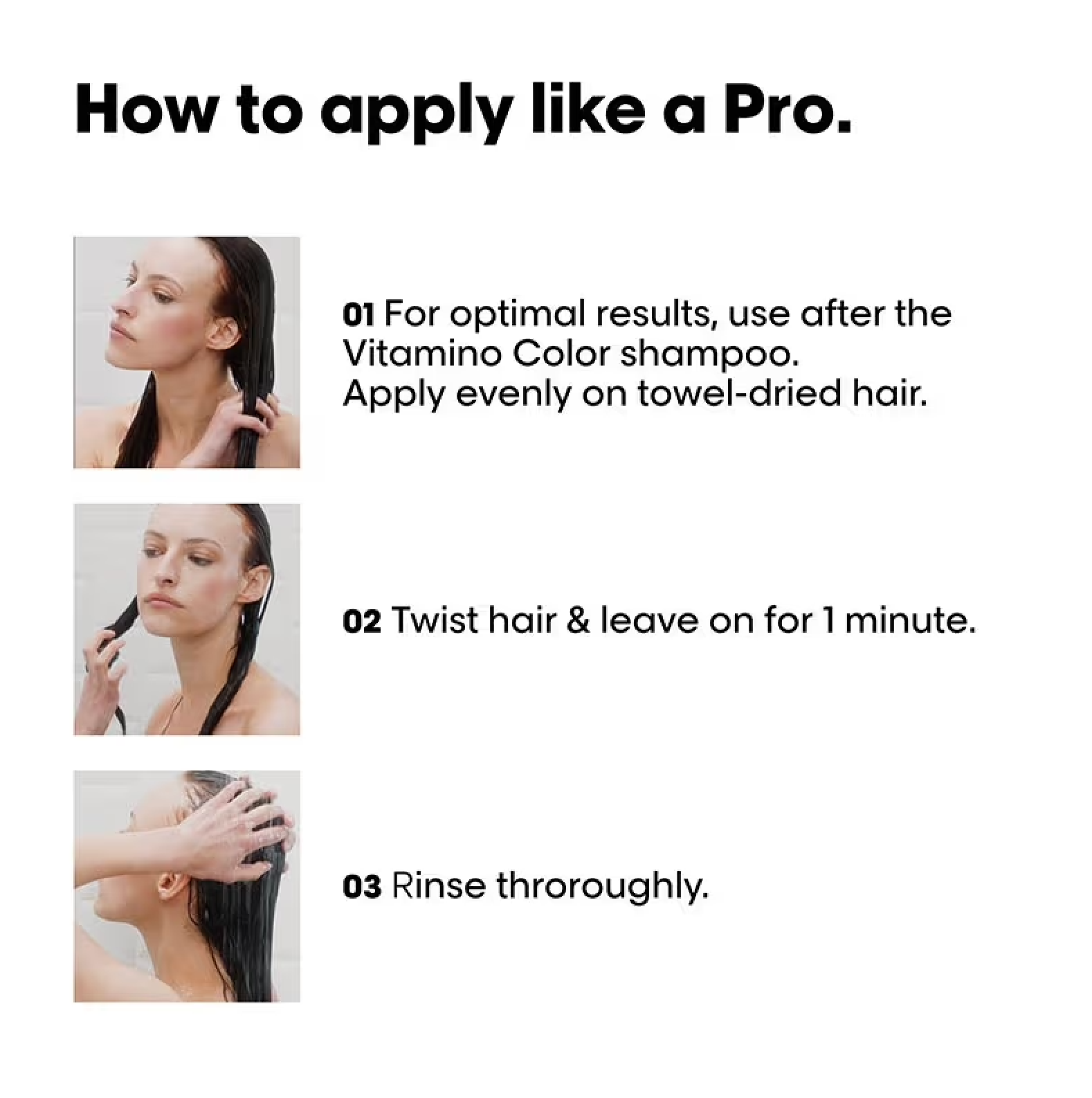 Instructions for using a hair product after Vitamino Color shampoo with step-by-step images.
