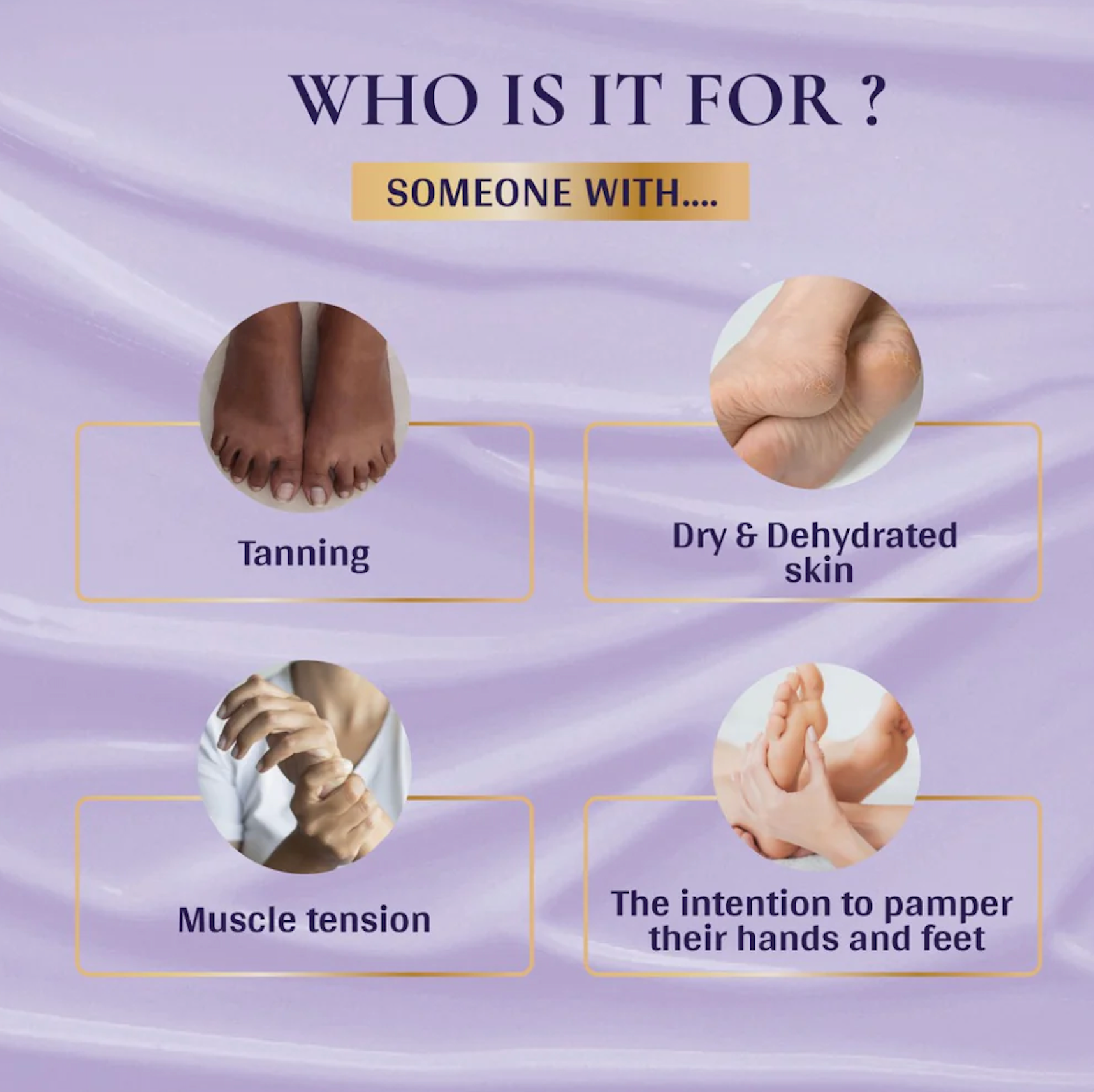 Product advertisement for foot and hand care with text and images of feet and hands on a purple background.