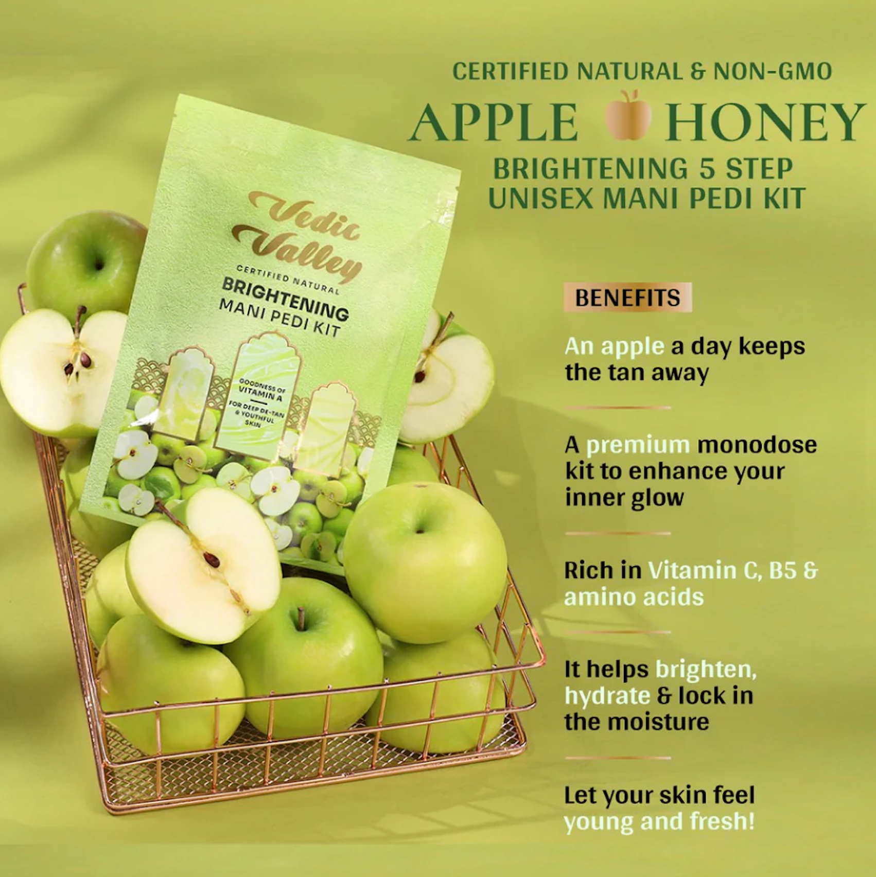 Veda Valley Apple Honey Brightening Mani Pedi Kit with green apples on a green background