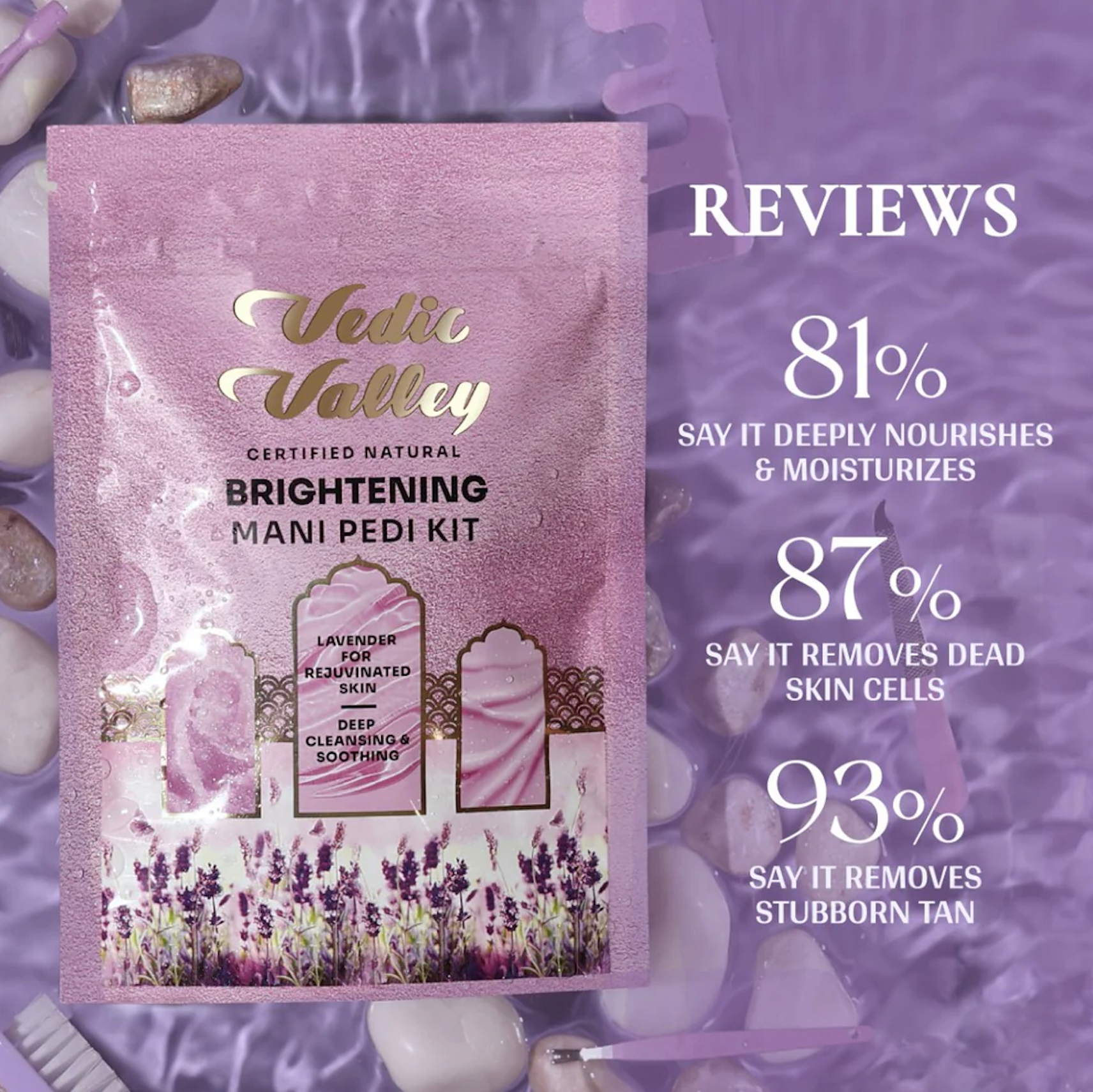 Vedic Valley mani pedi kit packaging with product reviews on a purple background