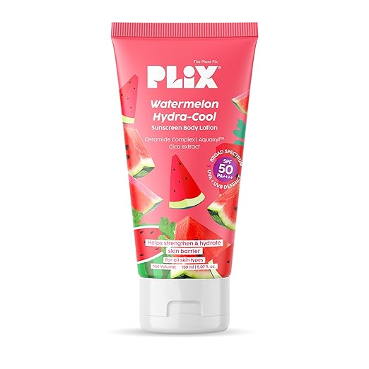 PLIX – The Plant Fix Watermelon Hydra-Cool Sunscreen Body Lotion SPF 50 PA++++ | 2-in-1 Lightweight Lotion + Sunscreen with Ceramides, Cica, Aquaxyl & Frescolat® ML | 150ml Niram Global Private Limited