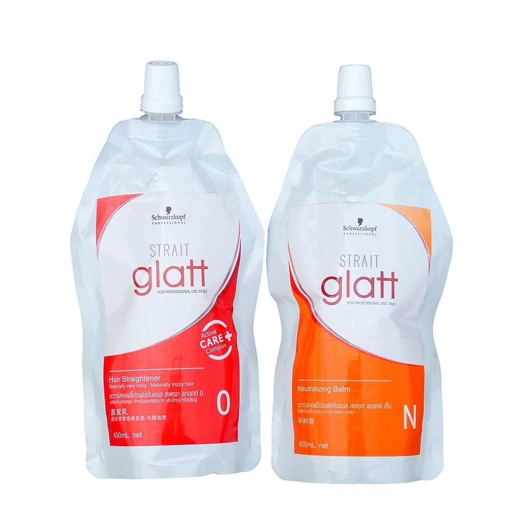 Two bottles of Schwarzkopf Strait Glatt hair care products on a white background