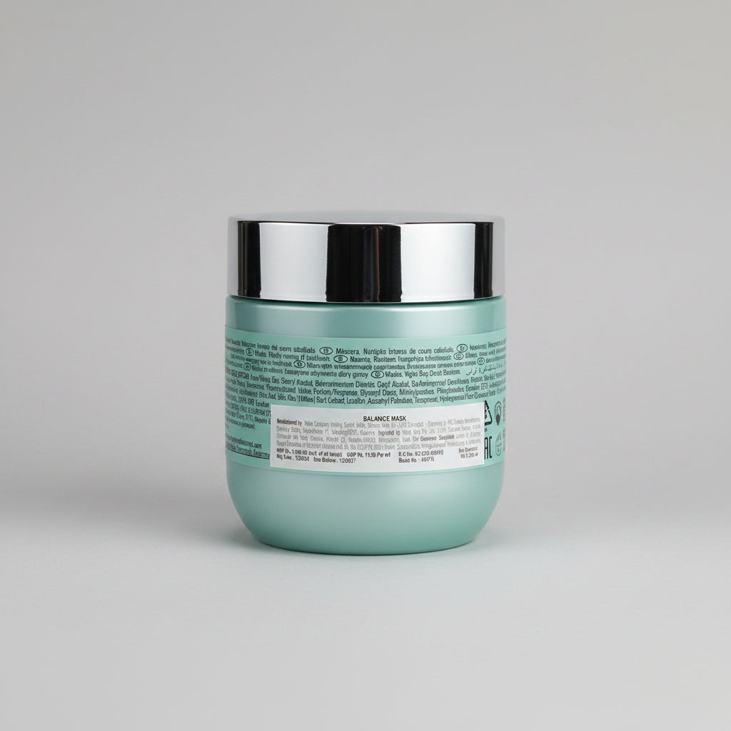 A close-up of a hand holding a white bottle of Masque Balance Mask, showing the back label with text and a black silhouette graphic.