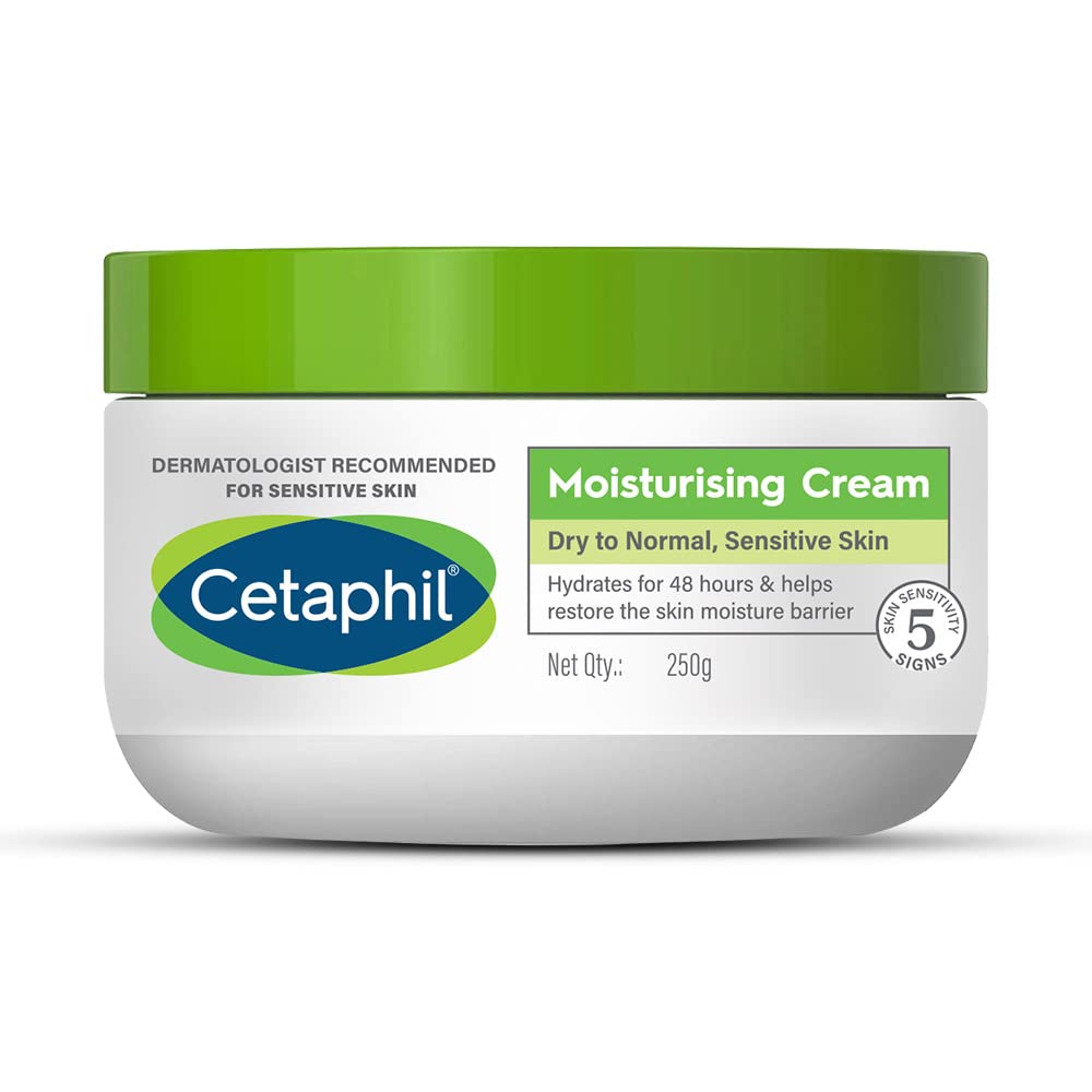 Cetaphil moisturizing cream jar with green lid on a white background