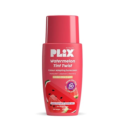 PLIX – The Plant Fix Watermelon Tint Twist Color-Adapting Sunscreen SPF 50 PA++++ | Light Coverage & Instant Glow | With Pentavitin® & Suncat DE™ | Tan Repair & Sun Protection | Light Golden Glow | Unisex PLIX