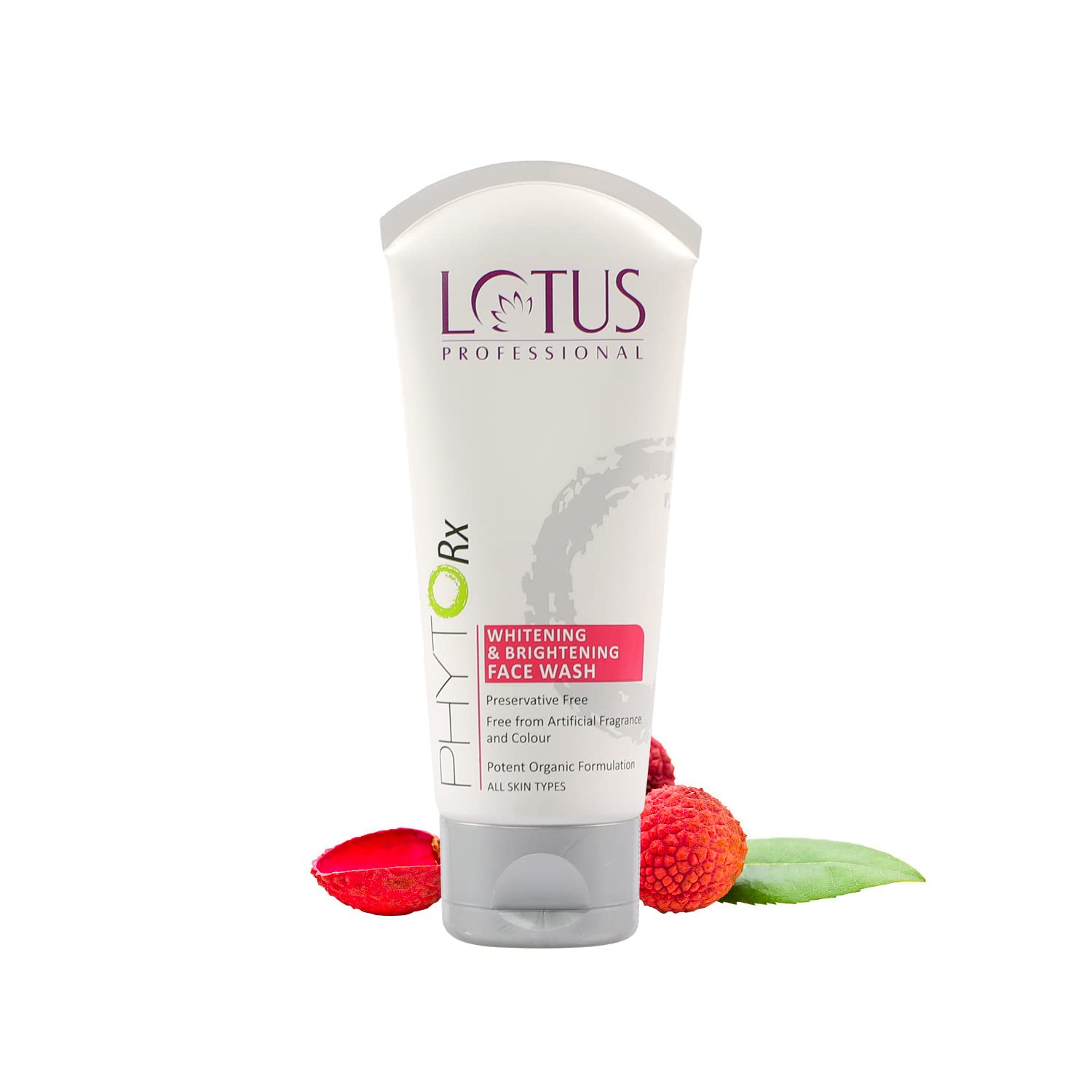 Tube of Lotus Professional face wash with raspberries and leaves on a white background