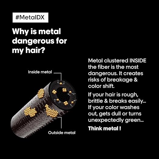 Explanation of metal dangers for hair with text and diagram on a black background