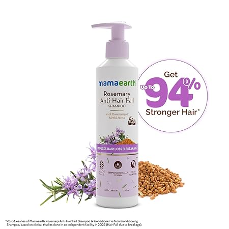 Mamaearth Rosemary Anti Hair Fall Shampoo with Rosemary & Methi Dana for Reducing Hair Loss & Breakage- 250 ml | Up to 94% Stronger Hair* | Up to 93% Less Hair Fall | For Men and Women