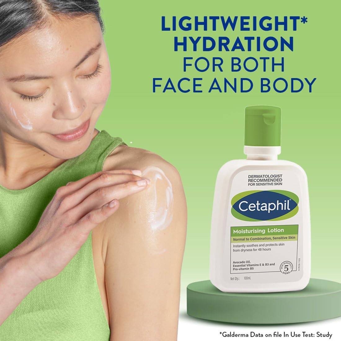 Cetaphil moisturizing lotion with a woman applying lotion to her arm on a green background