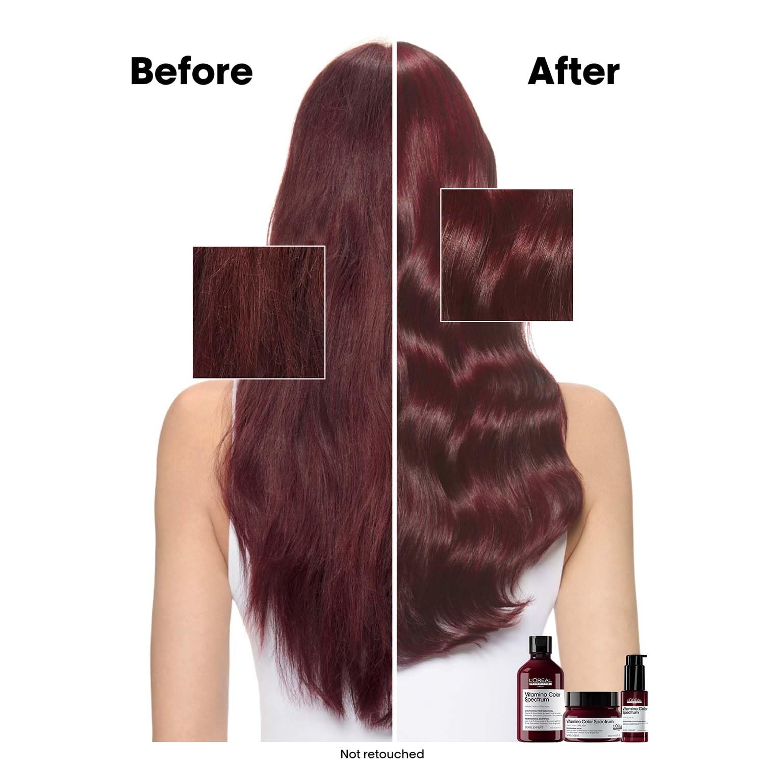 Before and after comparison of hair color treatment with hair products displayed.