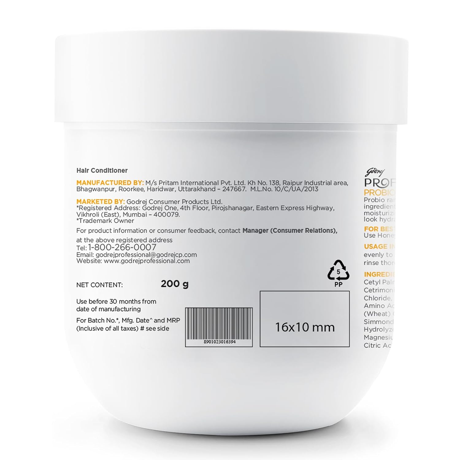 Back view of a white hair conditioner jar with text and branding on a white background