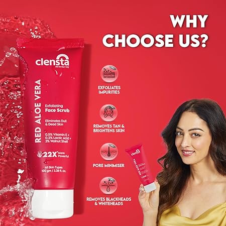 Clensta Red Aloe Vera Exfoliating Face Scrub With 3% Walnut Shell, lactic Acid & Vitamin E For Deep Exfoliation And Detan | Dead Skin Remover, Blackheads, Whiteheads, Tan Removal | Sulfate & Paraben Free | For Men & Women | All Skin Types - 100g | NEW LAUNCH