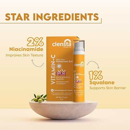 Clensta Daily Glow Sunscreen Gel SPF 50 PA++++ with Vitamin C, Niacinamide and Squalane, UVA/UVB Filters - No White Cast, Non-Greasy, Non-Sticky, Lightweight & Anti-Tan Formula With Fragrance Free | For Men & Women, 50 gm | NEW LAUNCH