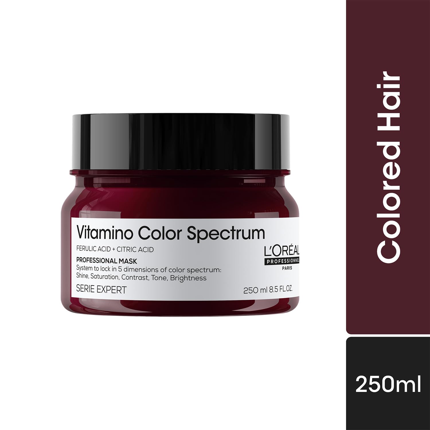 L'Oreal Vitamino Color Spectrum hair mask jar with label on a white background