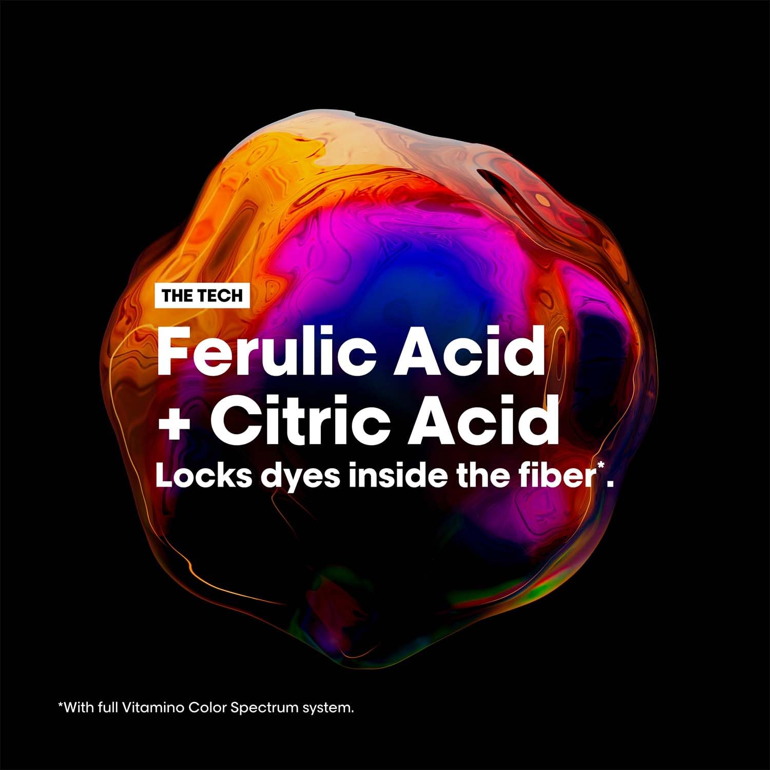 Colorful, abstract design with text about ferulic acid and citric acid on a black background