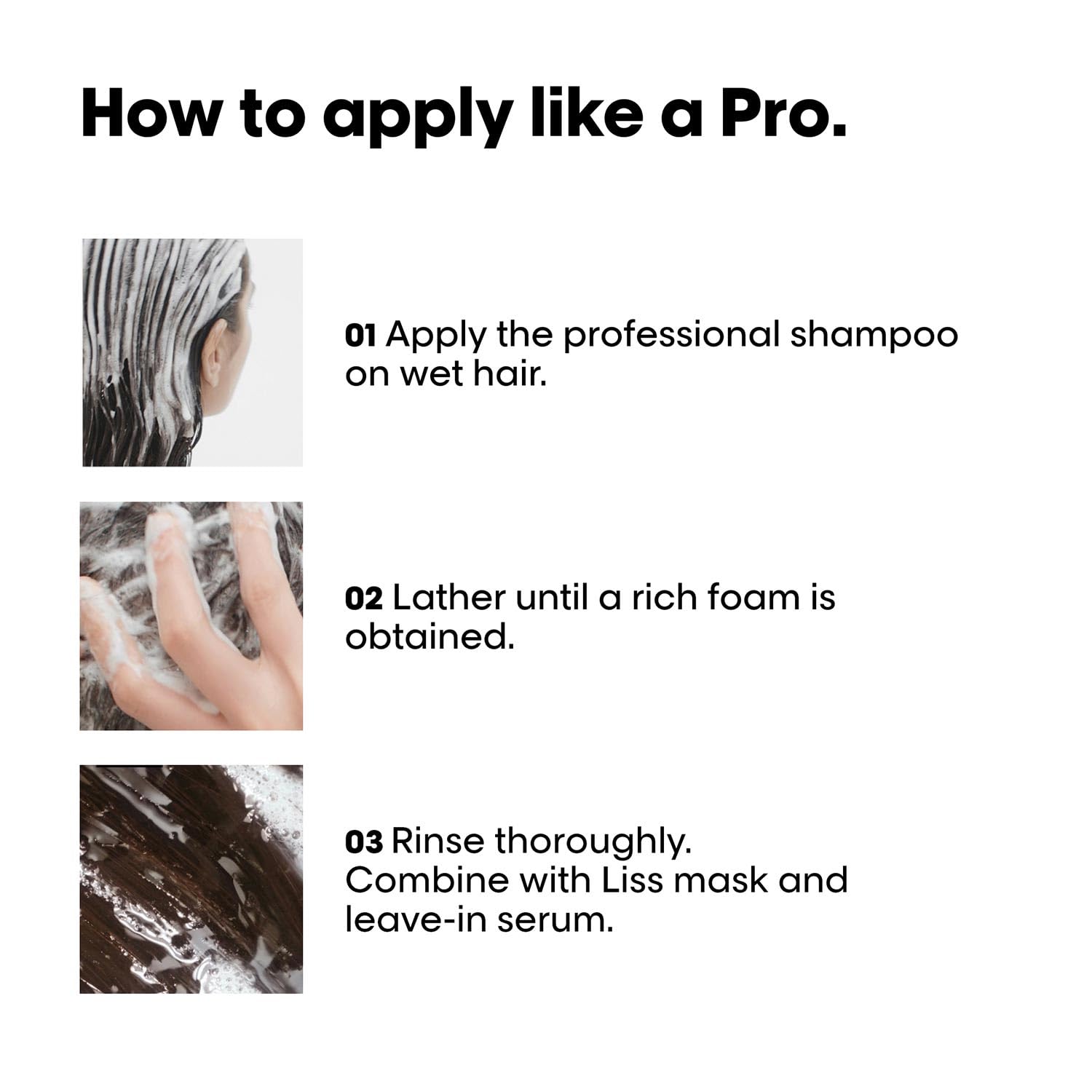 Instructions on how to apply professional shampoo with images and text.