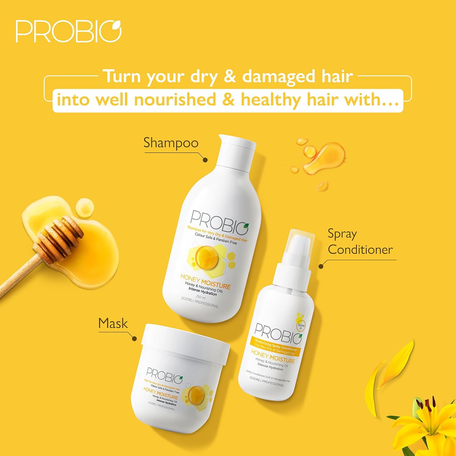 Probio hair care products on a yellow background with text about改善头发健康状况.