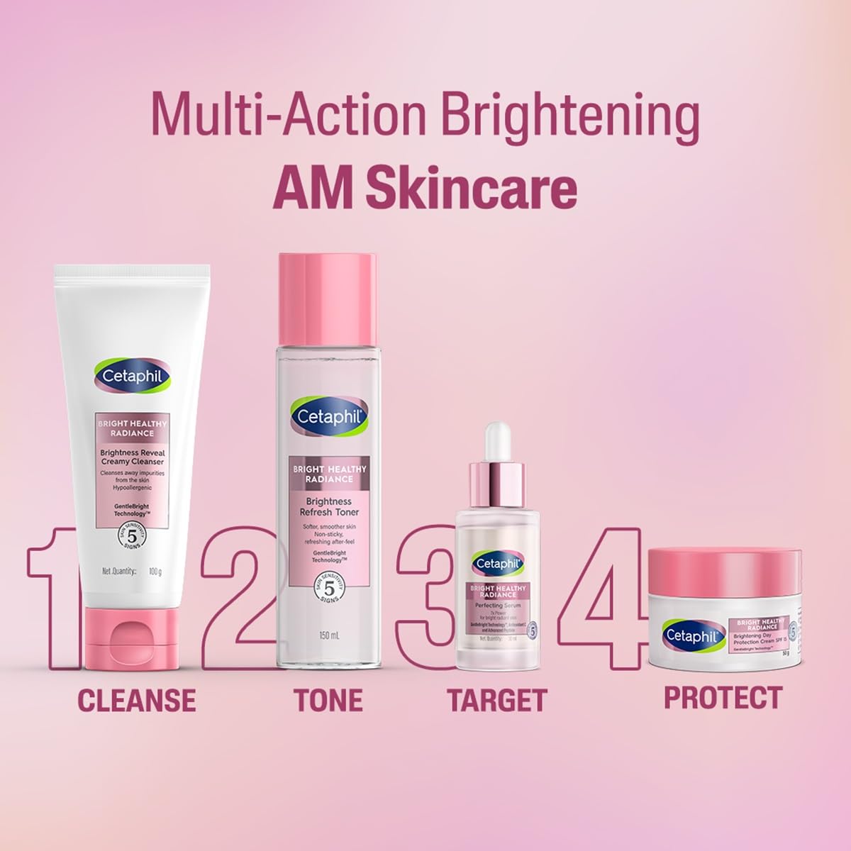 Cetaphil skincare products with step-by-step guide on a pink background