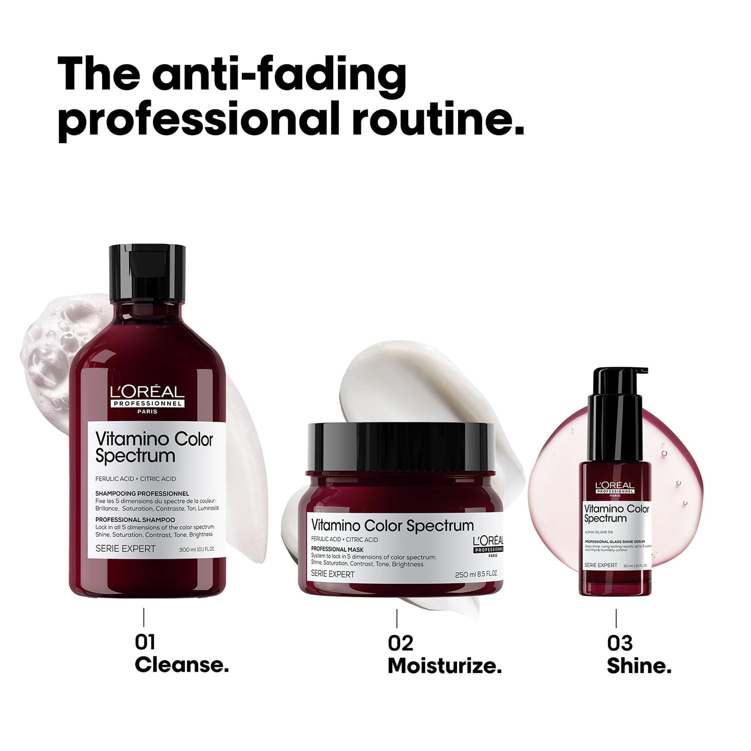 L'Oreal Vitamino Color Spectrum hair care products with text on a white background