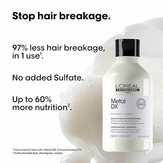 L'Oreal Professional Metal DX shampoo bottle with text highlighting benefits on a white background