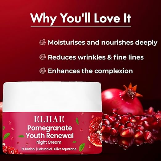 ELHAE Pomegranate Youth Renewal Night Cream | 1% Retinol, Bakuchiol & Olive Squalane | Anti-Ageing, Hydrating & Nourishing Face Cream | 50g PLIX