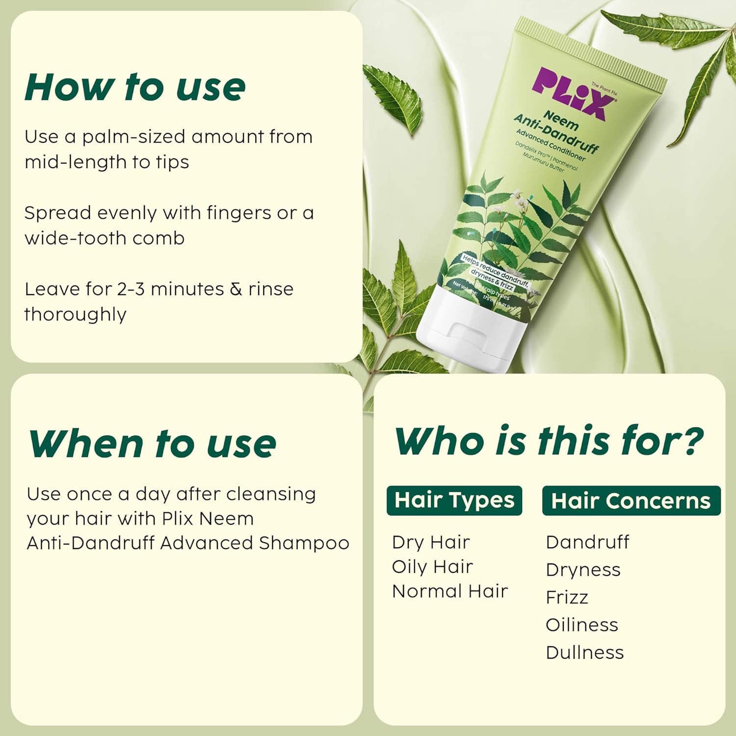 PLIX – The Plant Fix All Neem Anti-Dandruff Advanced Conditioner | With Dandelix Pro & Murumuru Butter | Fights Dandruff & Nourishes Scalp | Paraben & Sulphate Free | Unisex | 175ml