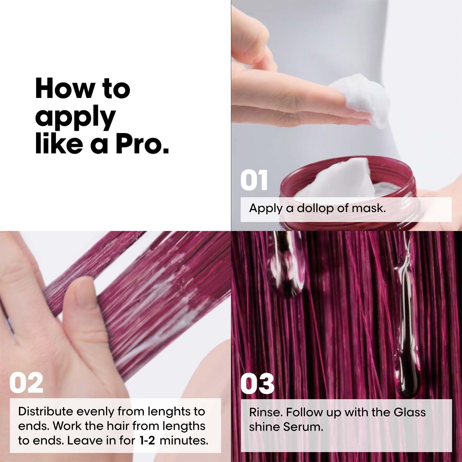 Step-by-step guide on how to apply a hair mask with text and images.
