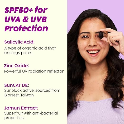 PLIX – The Plant Fix 0.1% Salicylic Acid Jamun Mattifying Lightweight Sunscreen SPF 50+ PA+++ | UVA & UVB Protection | Controls Acne & Hydrates Skin | Unisex | 50g PLIX