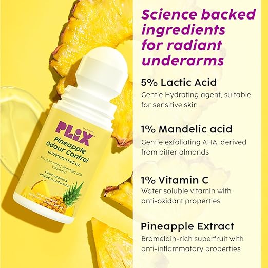 PLIX – The Plant Fix Pineapple Underarm Roll-On | 5% Lactic Acid + 1% Mandelic Acid | Odour Control, Brightening & Exfoliating | Alcohol-Free | 50ml PLIX