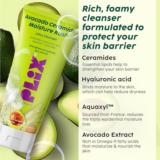 PLIX – The Plant Fix Avocado Ceramide Moisture Rush Juicy Cleanser | Hydrating & Nourishing Face Wash with Ceramides | Gentle Cleanser for Sensitive Skin | Unisex | 100ml PLIX