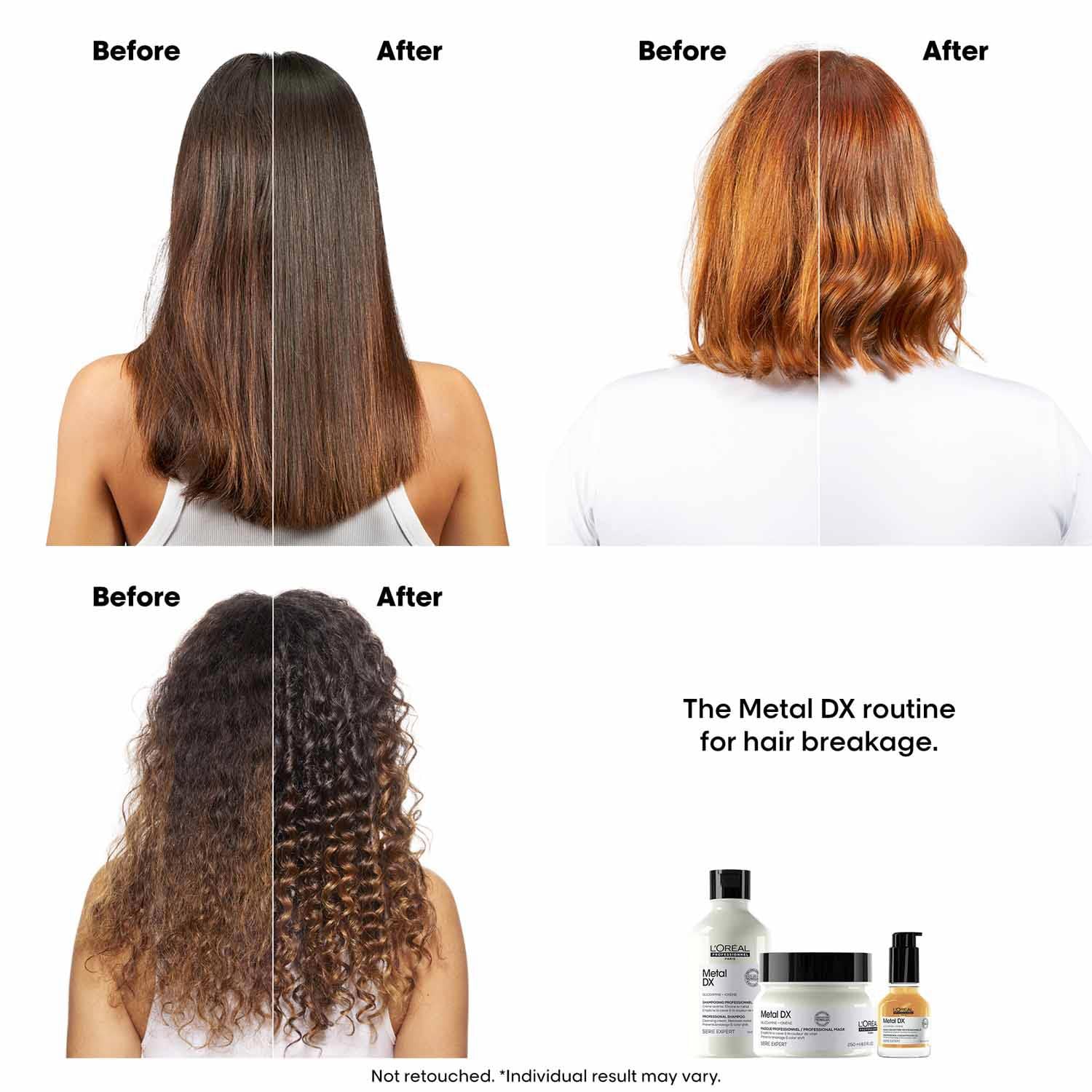Before and after hair transformation images with hair care products displayed.