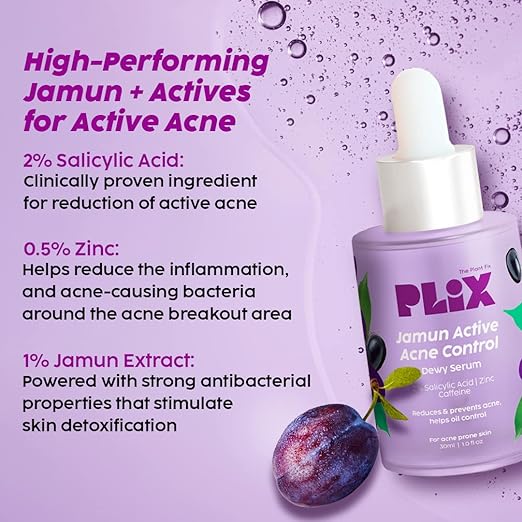 PLIX – 2% Salicylic Acid Jamun Acne Control Dewy Serum | Reduces Active Acne, Dark Spots & Breakouts | With Caffeine | 30ml PLIX