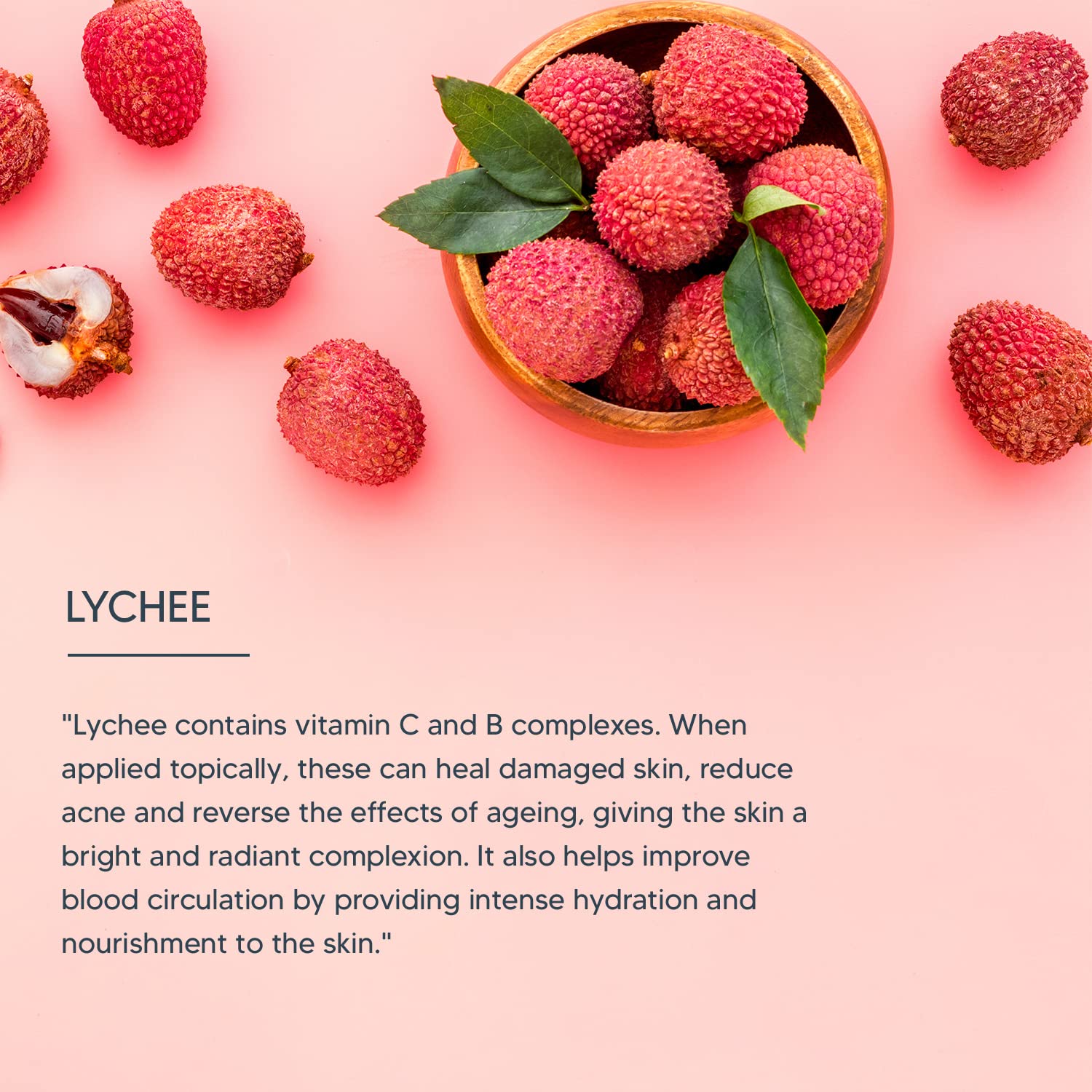 Lychees in a bowl with leaves on a pink background, featuring text about lychee benefits.