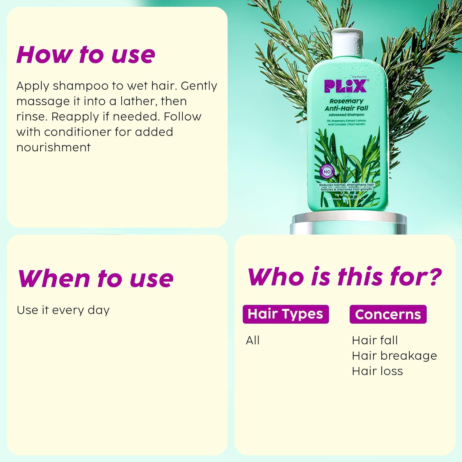 PLIX – The Plant Fix Rosemary Advanced Anti-Hair Fall Shampoo | Reduces Hair Fall & Breakage | Sulphate & Paraben Free | For Men & Women | 200ml PLIX