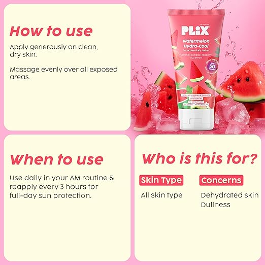 PLIX – The Plant Fix Watermelon Hydra-Cool Sunscreen Body Lotion SPF 50 PA++++ | 2-in-1 Lightweight Lotion + Sunscreen with Ceramides, Cica, Aquaxyl & Frescolat® ML | 150ml Niram Global Private Limited