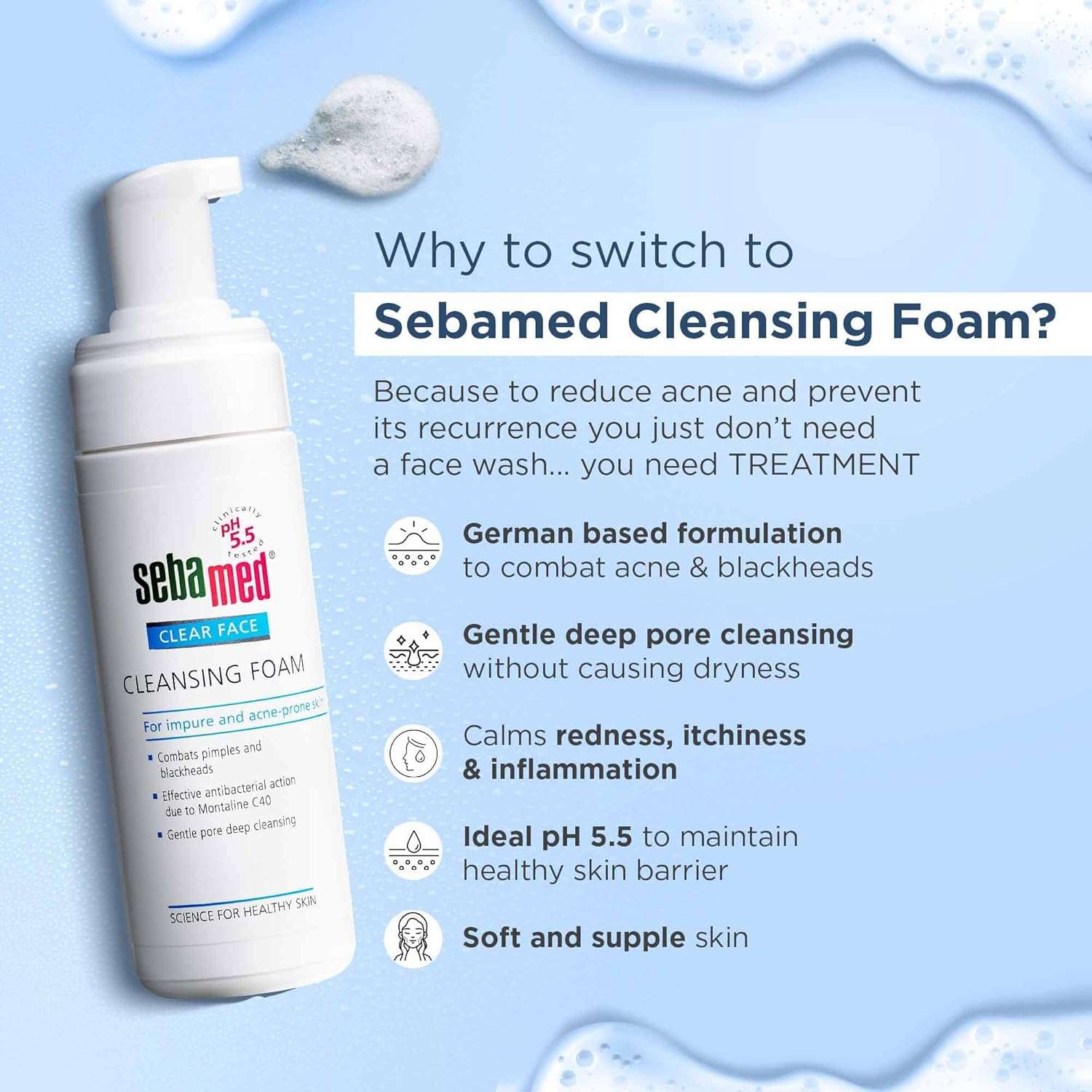Sebamed Clear Face Cleansing Foam 150 ml | pH 5.5 for Acne Skin Sebamed