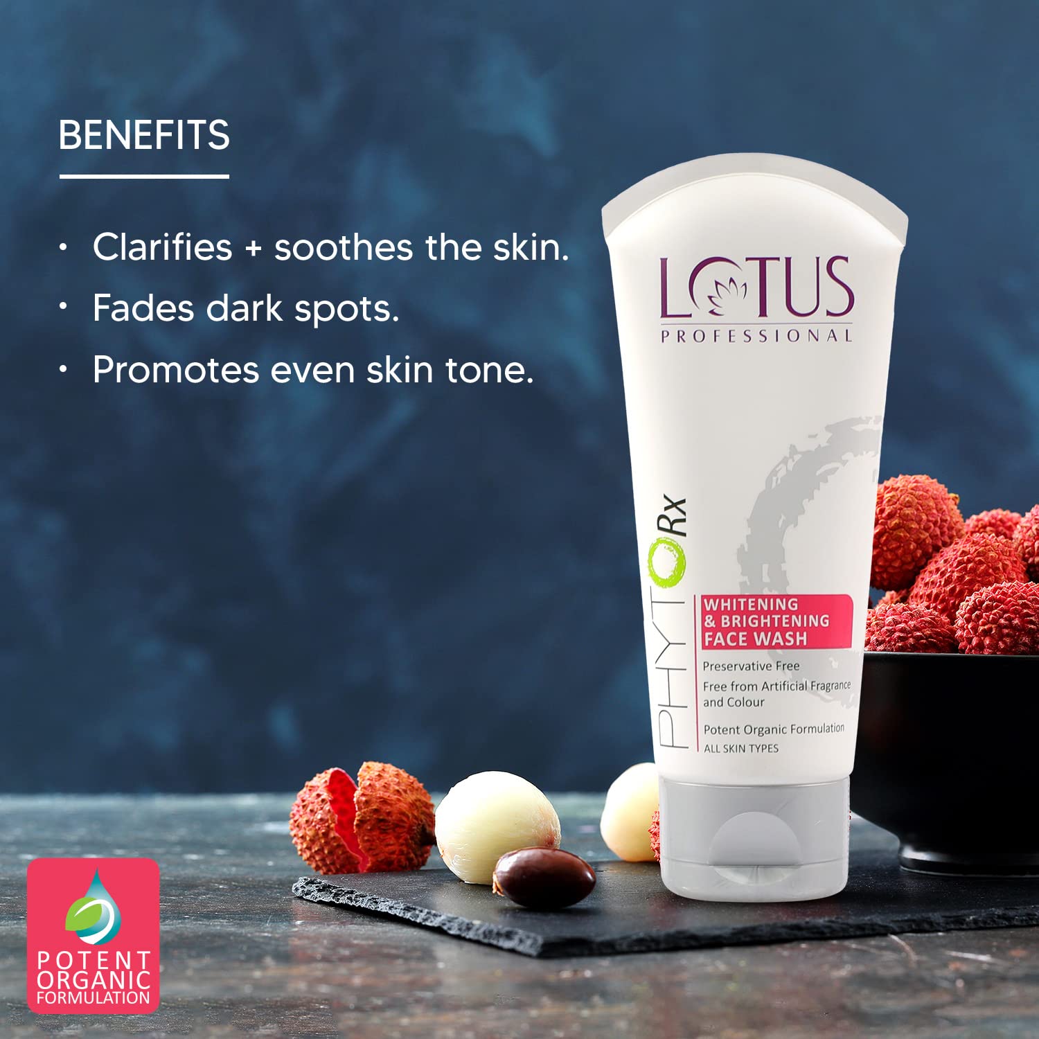 Lotus Professional Whitening & Brightening Face Wash with benefits listed on a dark background