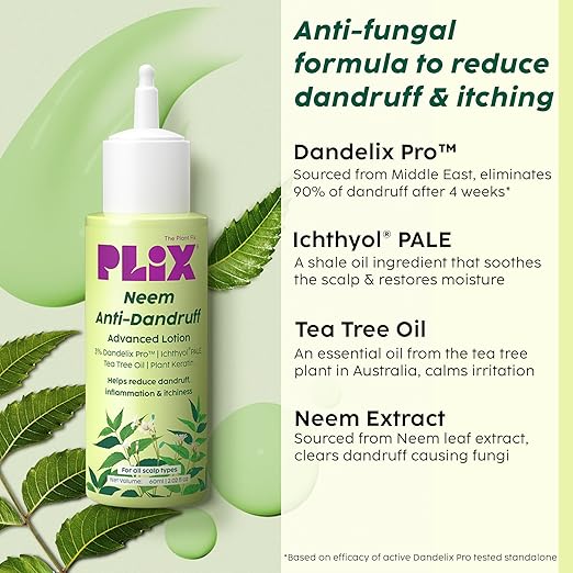 PLIX – The Plant Fix Neem Anti-Dandruff Advanced Lotion | Reduces Dandruff, Itching & Irritation | With Dandelix Pro™ & Ichthyol® Pale | Paraben & Sulphate Free | 60ml PLIX