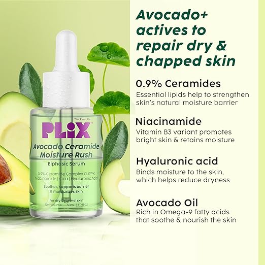 PLIX – Avocado Ceramide Moisture Rush Biphasic Serum | Deep Nourishment & Skin Barrier Strengthening | For Dry, Normal & Sensitive Skin | 30ml PLIX
