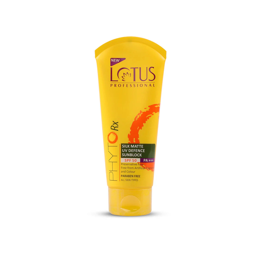 Yellow tube of Lotus Professional sunscreen on a white background