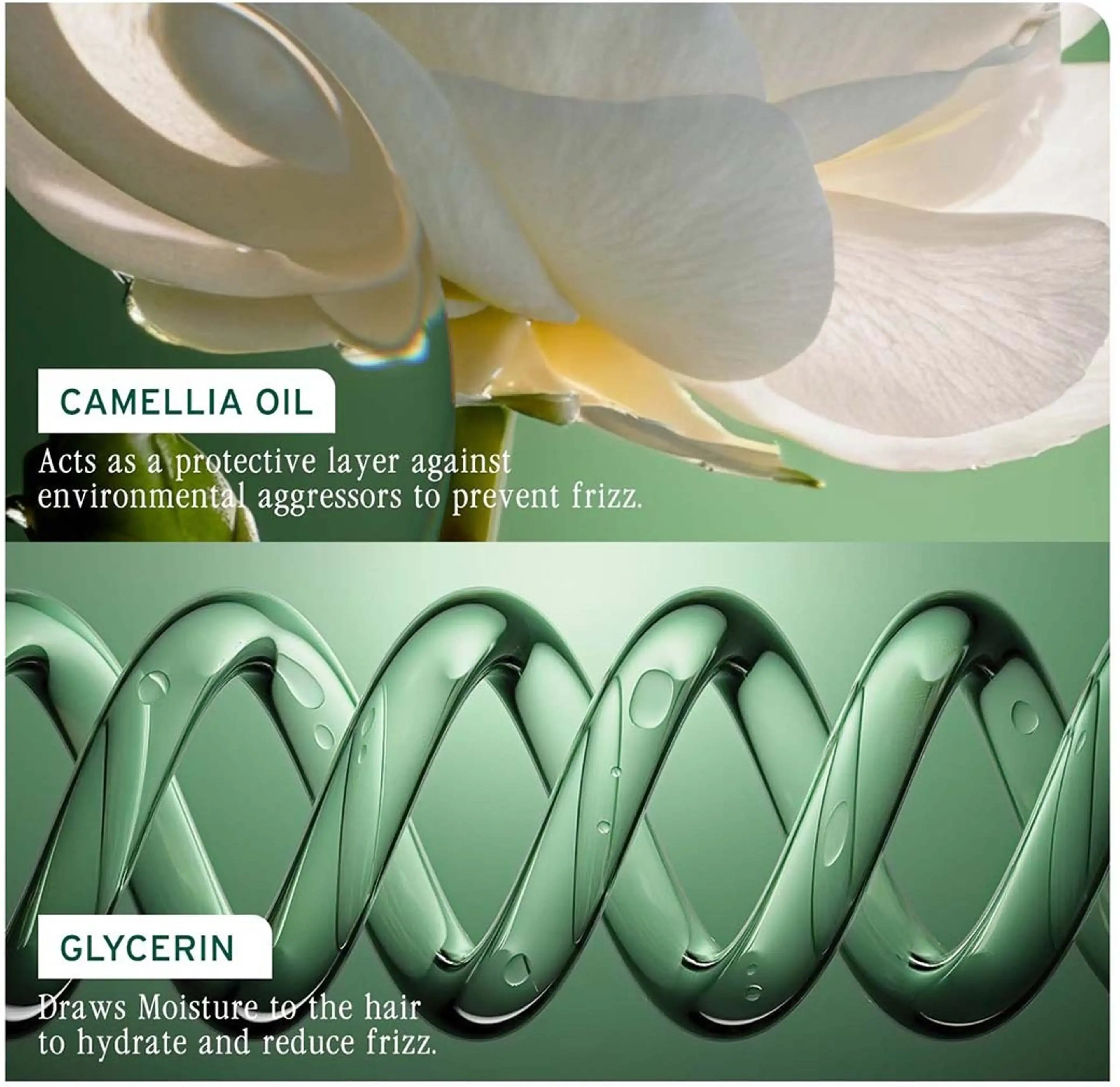 Advertisement for camellia oil and glycerin with floral and liquid design elements.