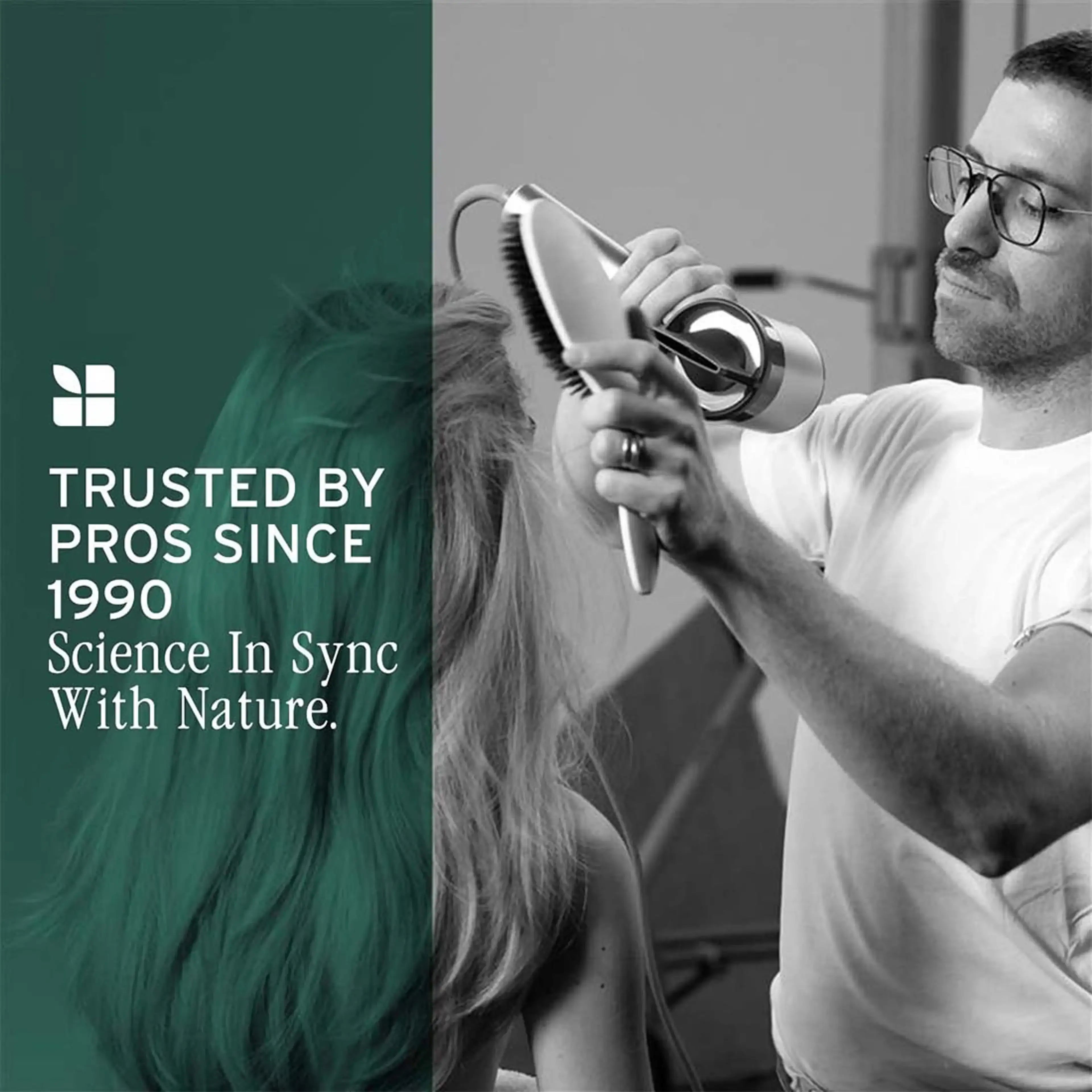 Person using a hairbrush with a green text box on the left side, featuring text about trust and science in nature.
