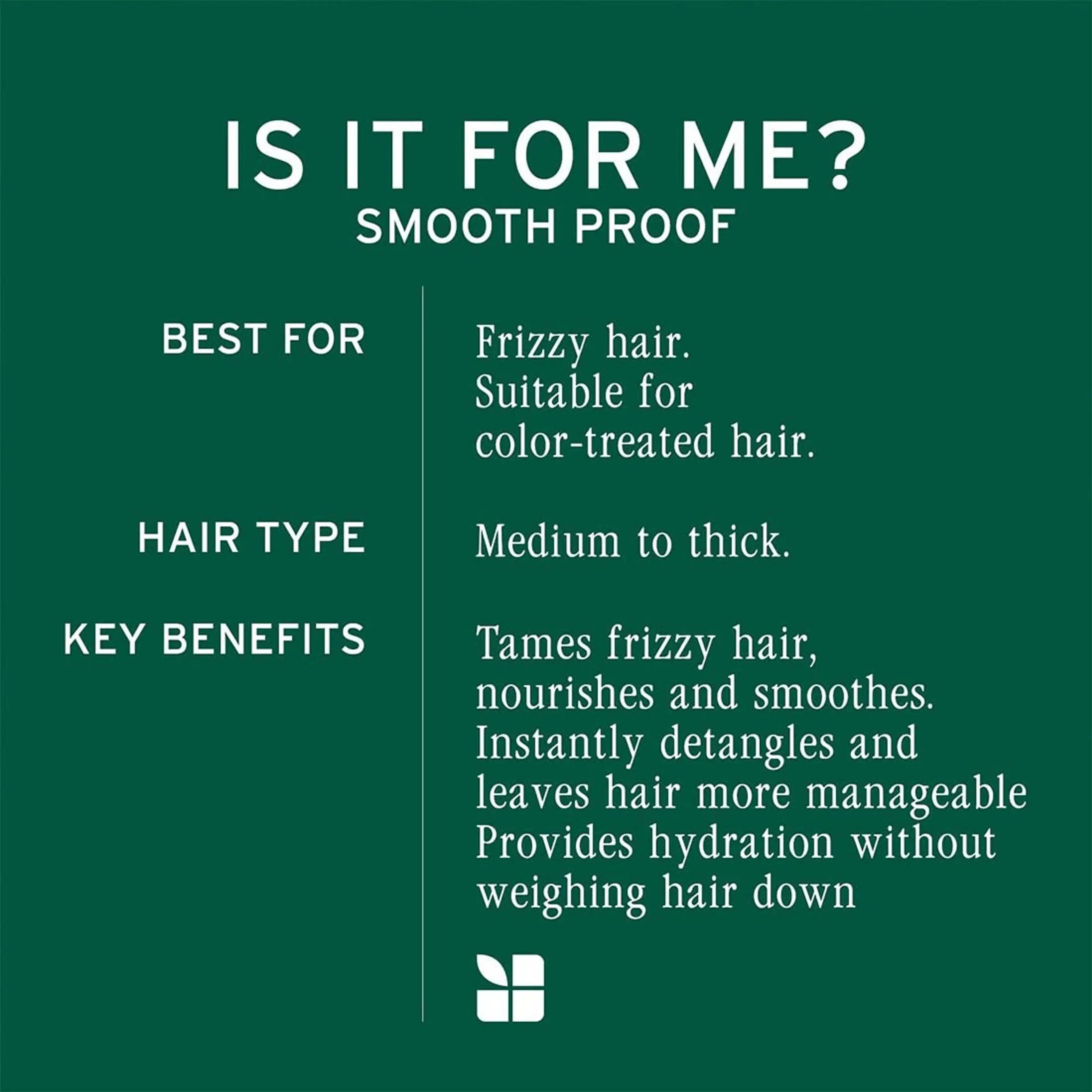 Product information card for 'Smooth Proof' hair product on a green background