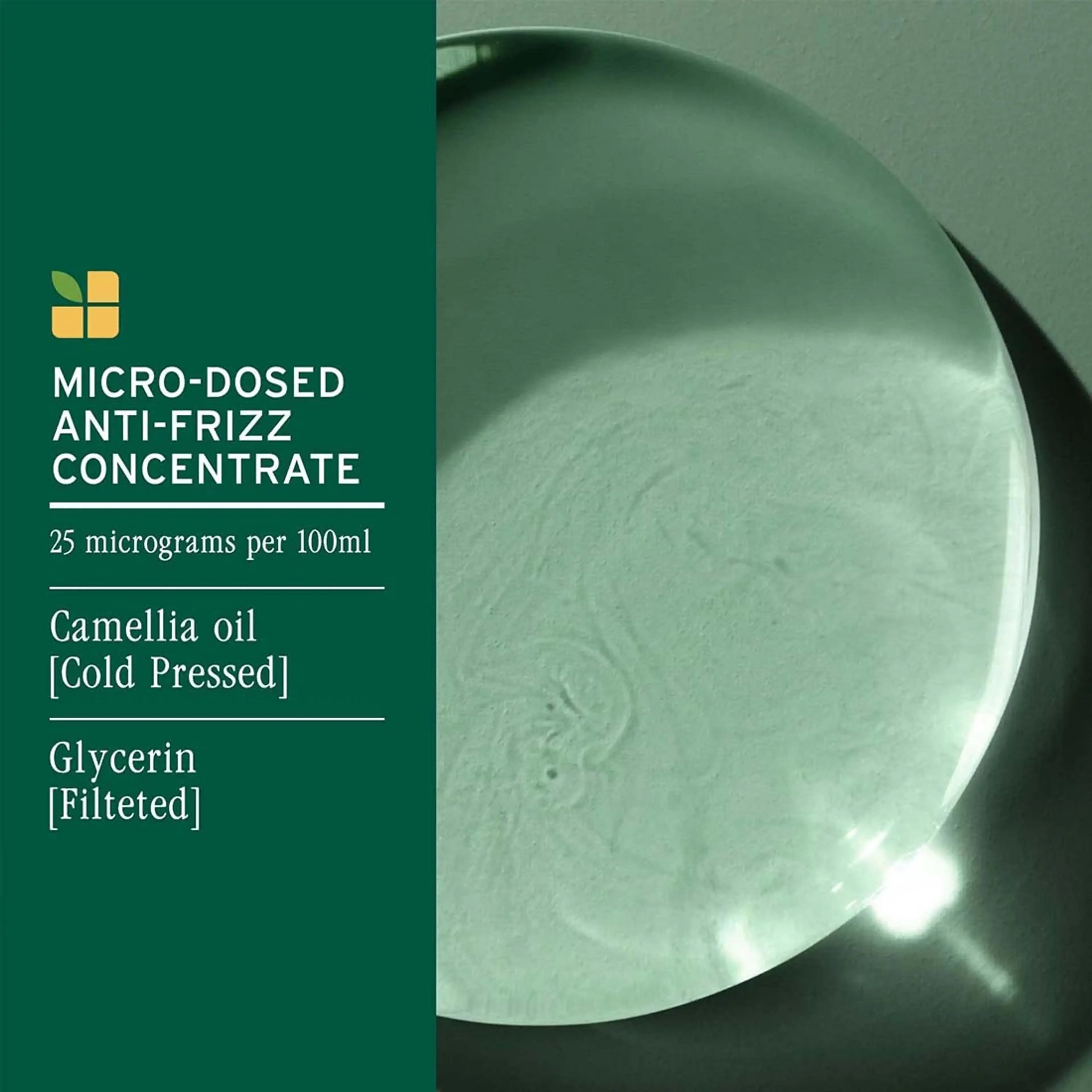 Green container with micro-dosed anti-frizz concentrate and product details on a green background