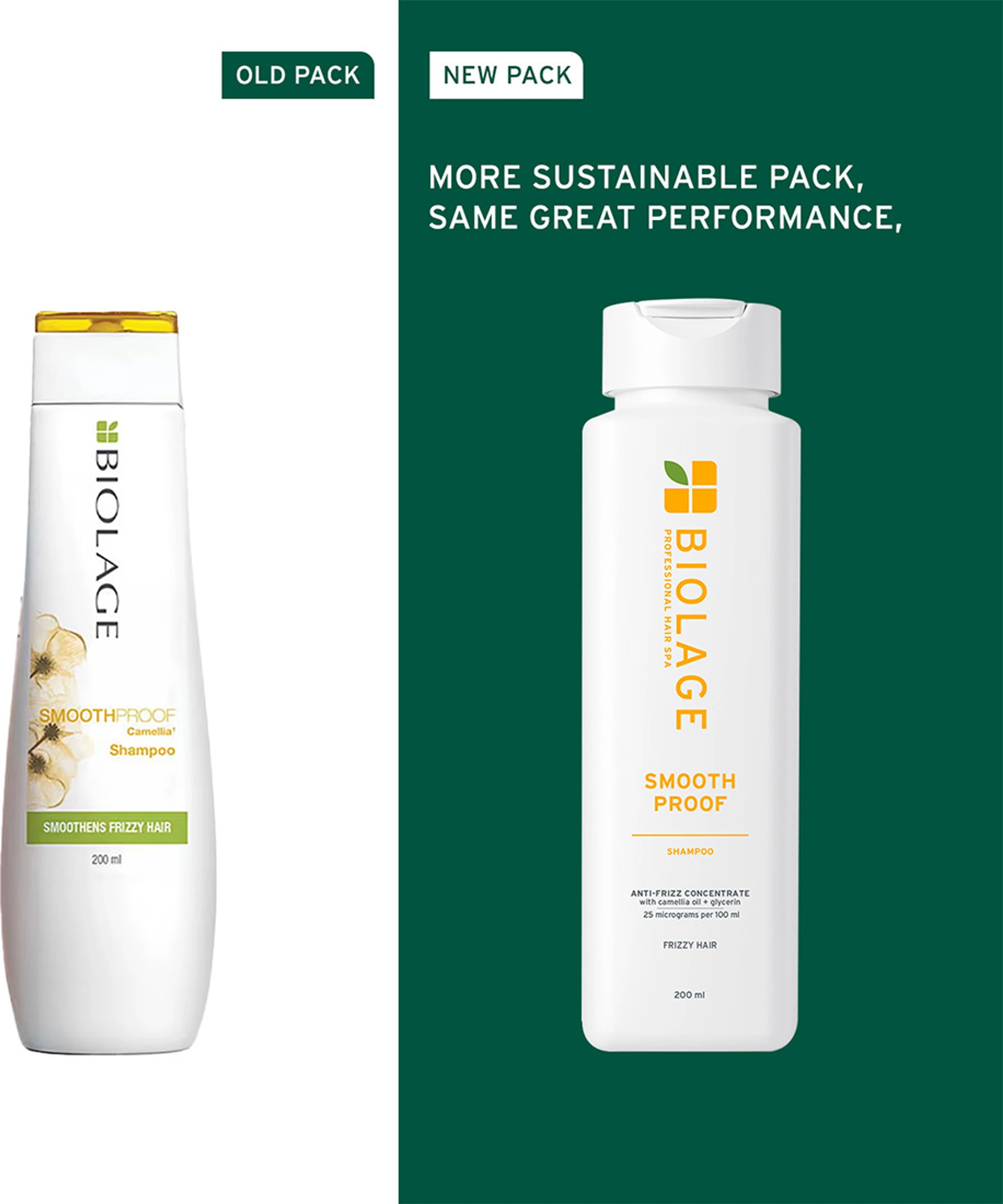 Comparison of Biolage Smooth Proof shampoo bottles with old and new packaging on a green background.