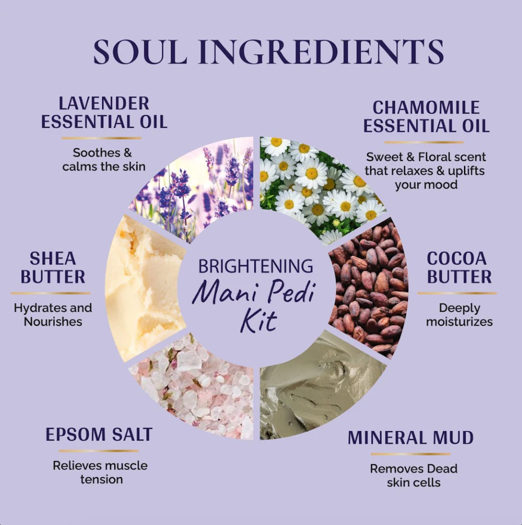 Soul Ingredients Brightening Mani Pedi Kit with lavender, chamomile, shea butter, cocoa butter, epsom salt, and mineral mud on a purple background.