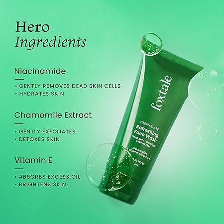 Foxtale glow,hydrate,protect Gel face wash 100ml- chamomile extract + niacinamide for all skin types