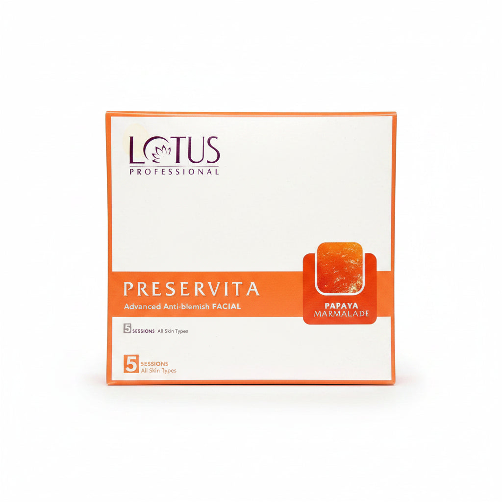 Front of a Lotus Professional Preservita Facial treatment package labeled 'Papaya Marmalade,' with orange and white design elements and text indicating an anti-blemish facial treatment.
