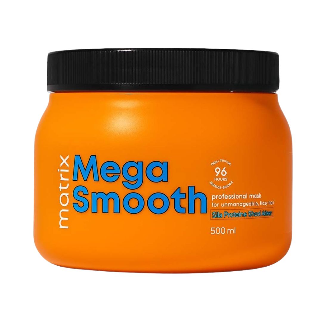 Orange jar of Matrix Mega Smooth hair mask with black lid on a white background