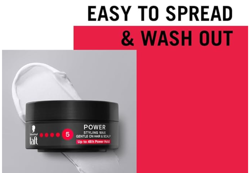 Schwarzkopf TAFT Power Hair Wax For Luminous Shine And Glossy Hair, Hold 5 Lasts 48 Hours, Easy to Wash Out With No Stickiness, For All Hair Types, No Greasy Residue - 75ML